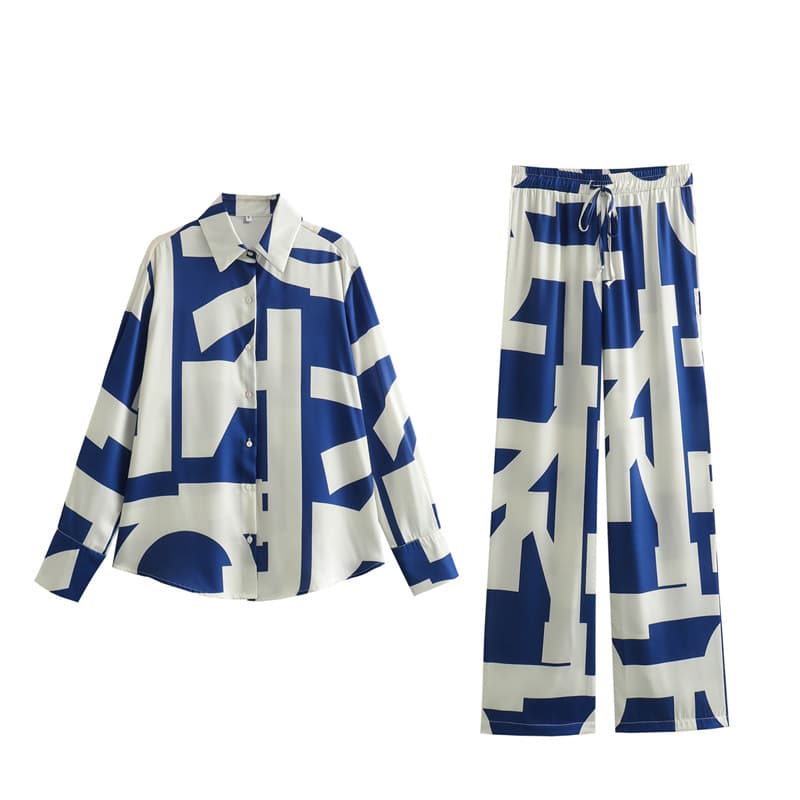 Geometric Casual Suit Wholesale Long Sleeved Lapel Shirt with Custom logo Drawstring Straight Pants Factory Directly