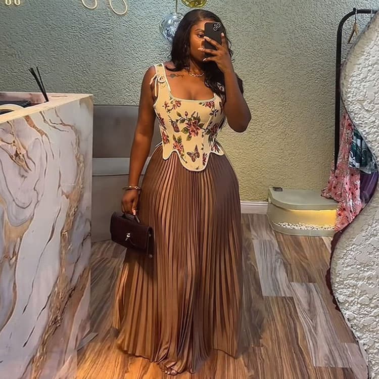 Bow Tie Dress Set Wholesale Sleeveless Short Vest Custom logo Pleated Long Dress Factory Direct