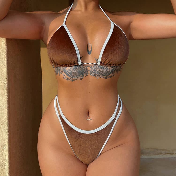 New Triangle Bandage Bikini Brown Sexy Swimsuit High Waist Hollow Swimwear