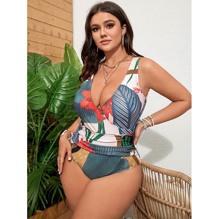 Hot Selling Plus Size Bikini Fashionable Tropical Print Bikini Set Sexy Deep V-skirt Swimsuit