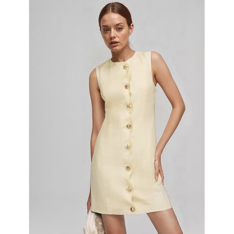 Women Intellectual and Elegant Mini Dress Summer Slim Starfish Shell Button Casual Dress Sleeveless Lady French Dress