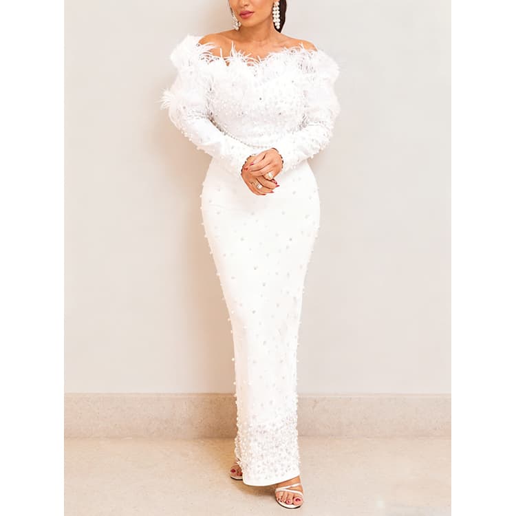 Hot Selling off the Shoulder Elegant Dress Solid Color Feather Dress Long Sleeved Beaded Plus Size Dress