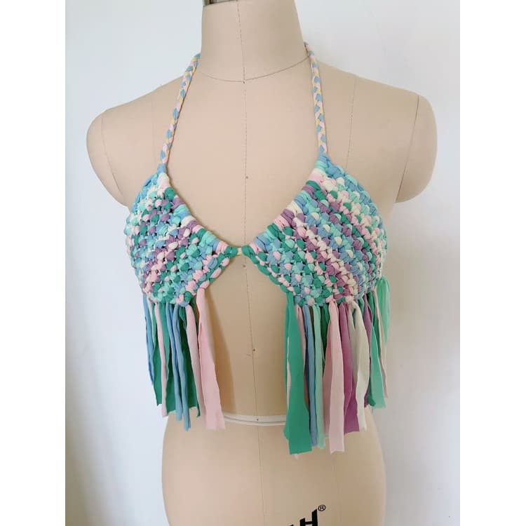 Wholesale Custom Bohemian Women's Bikini Blue Pink Beach Cover up Crochet Fringe Knitting Top Corset