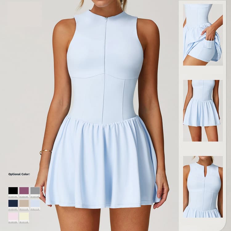 Nylon Spandex Nude Feeling Zipper Tennis Skirt Tummy Control 2 in 1 Tennis Dress with Pocket