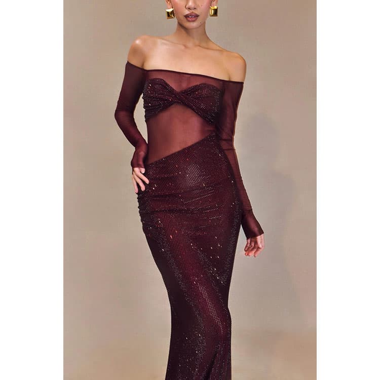 2026 Women See Through Evening Dress Sexy Long Slim Fit off Shoulder Dress Elegant Sequined Maxi Dress