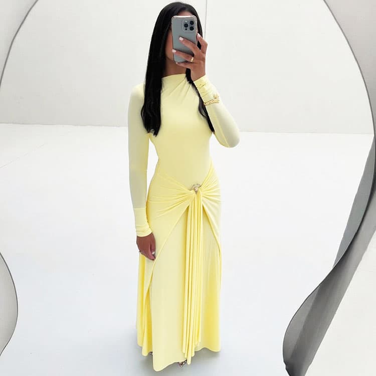 2026 Spring Solid Color Slim Fit Long Casual Dress Soft Fabric Long Sleeve Round Neck Fashion Dress Ribbon Bodycon Dress