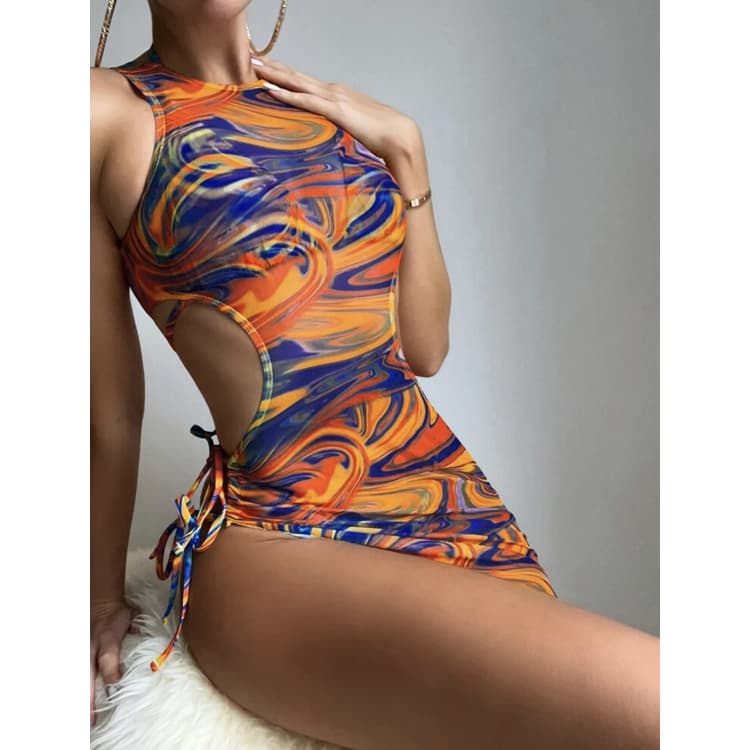 High Quality Mesh Three Piece Bikini Hollow Bandage Swimwear Drawstring Bathing Suit Bikini