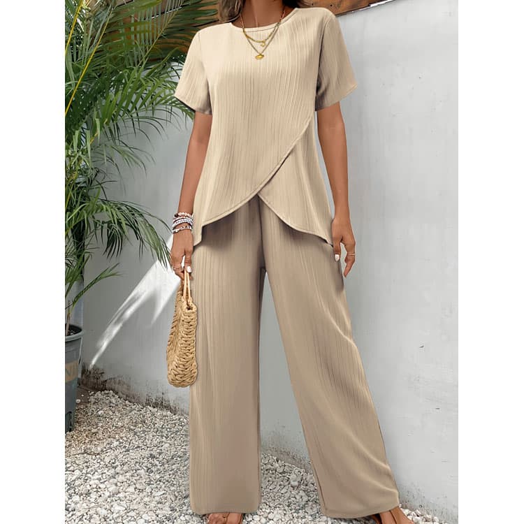 Asymmetrical Design Suit Custom logo Short Sleeved Crew Neck Top Factory Direct Loose Straight Trousers Wholesale
