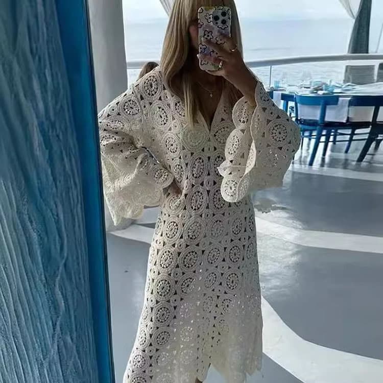 Hot Sell 2024 New Fashion Solid Color Lace Embroidery Long Sleeve Casual Midi Dress for Women