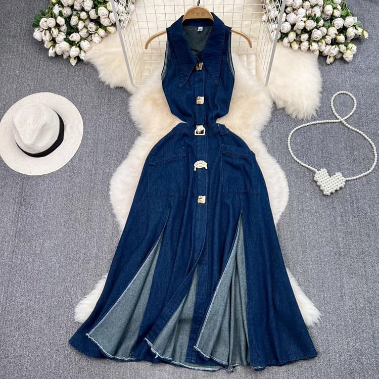 Vintage Sleeveless Denim Skirt Wholesale Slim Waist Split Dress Factory Directly Fashion Lapel Maxi Dress Custom logo