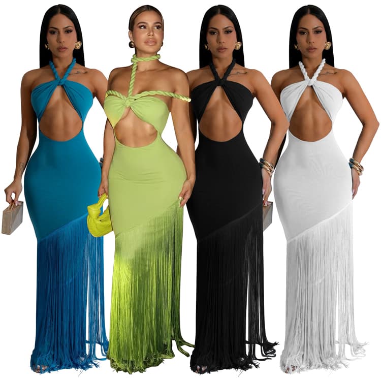 Women's Summer Bestseller Dress Sexy Lace up Fringe Dress Halter Neck Strapless Bandage Dresses