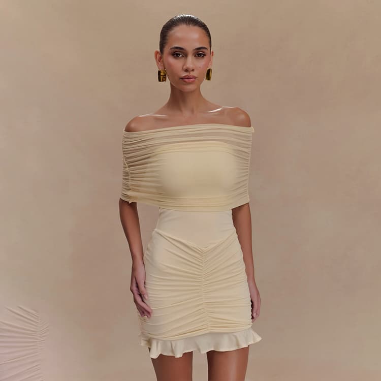 See Through Mesh Dress Wholesale Pleated off Shoulder Dress Custom logo Ruffled Short Skirt Factory Directly
