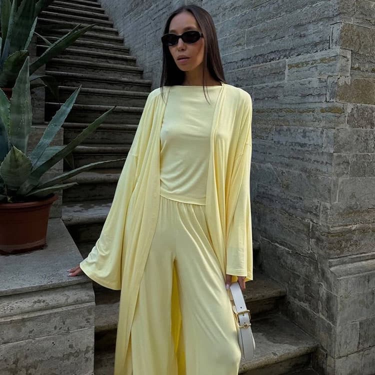 Casual Women Three Piece Set Wholesale Plain Robe Coat Custom logo Elastic Thin Trousers Factory Directly