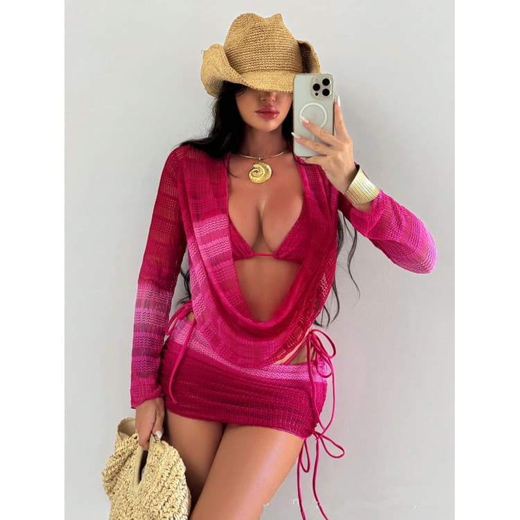 Wholesale Gradient Tie Dye Bikini Set Long Sleeved Mesh Beach Skirt Swimsuit Set Fashionable Swimsuit