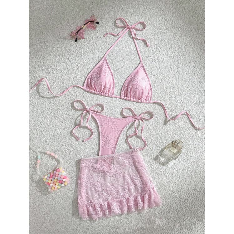 Factory Wholesale 2026 New Arrival Solid Color Swimwear Lace Sexy Swimsuit Triangle Bandage Bikini Set