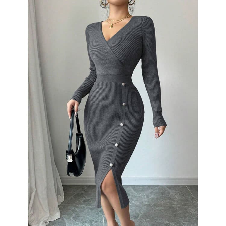 Elegant French Dress 2025 Autumn Midi Casual Dress Bodycon Slit Knit Dress with Button Women Work Clothing
