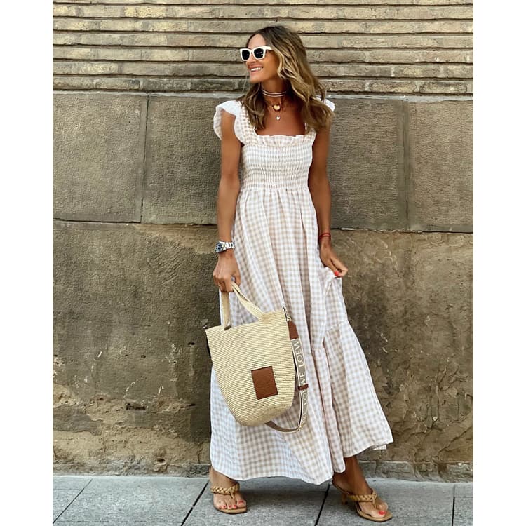 Loose Pleated Dress Wholesale Ruffle Sleeveless Dress Custom logo Plaid Long Skirt Factory Directly