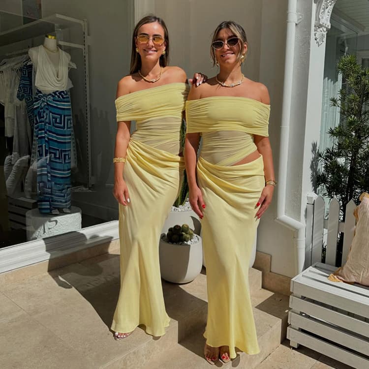 New Style Faux Two Piece Dresses Solid Color Vacation One Shoulder Mesh Dresses Sheer Elegant Dresses