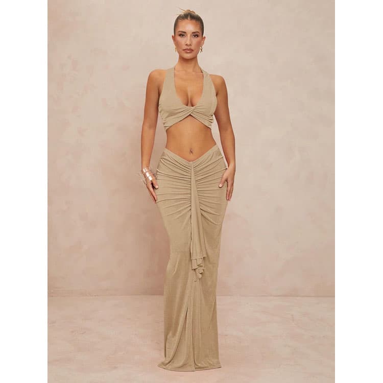 Halter Neck Dress Wholesale Pleated Bandage Skirt Custom logo Sleeveless Dress Set Factory Direct