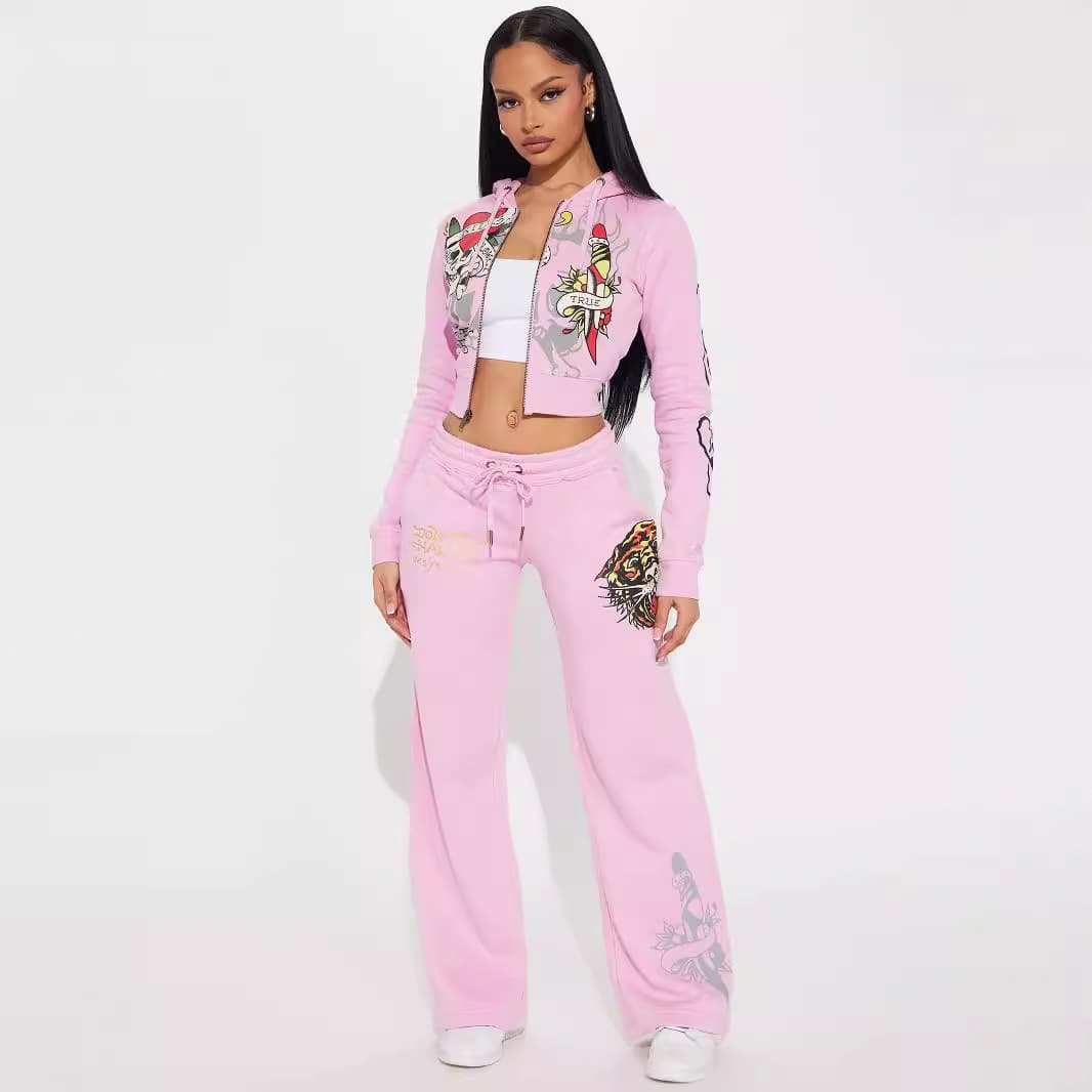Cartoon Print Women Suit Wholesale Short Midriff Baring Jacket Manufacturer Pink Drawstring Trousers Factory Directly