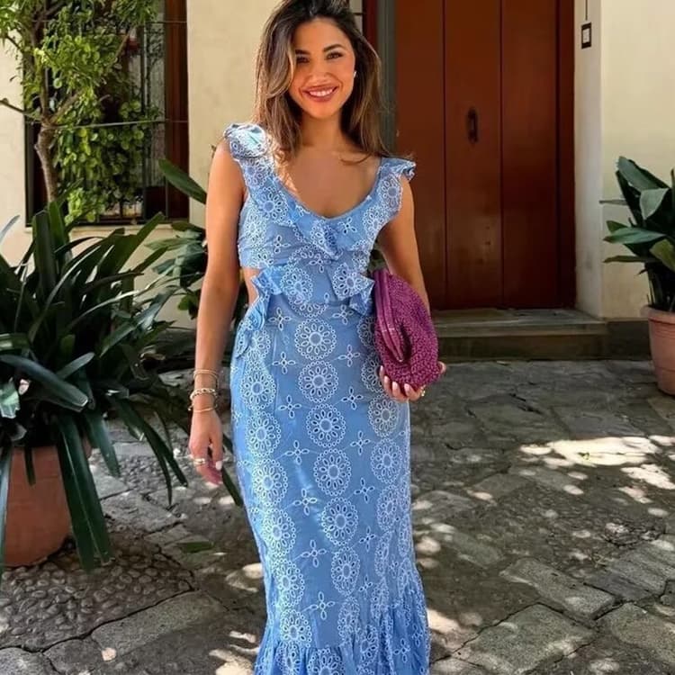 2024 Women Fashion Casual Dress Heavy Cotton Flower Embroidery Midi Dress Ruffled Pleated Layered Decoration Backless Midi Dress