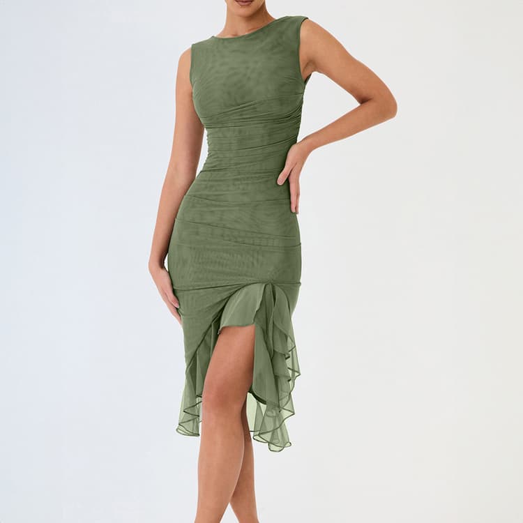 Simple Mesh Maxi Skirt Wholesale Asymmetrical Pleated Skirt Custom logo Ruffled Slit Skirt Factory Direct