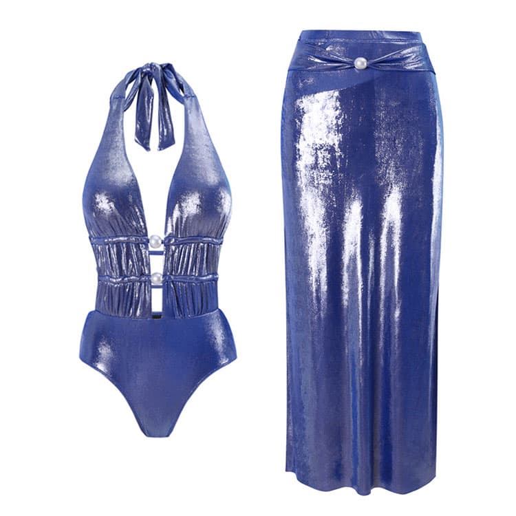 Wholesale Halter Hollow Out Bikini Set Sexy Hollow Out Pearl Swimsuit Blue One-piece Swimsuit Set