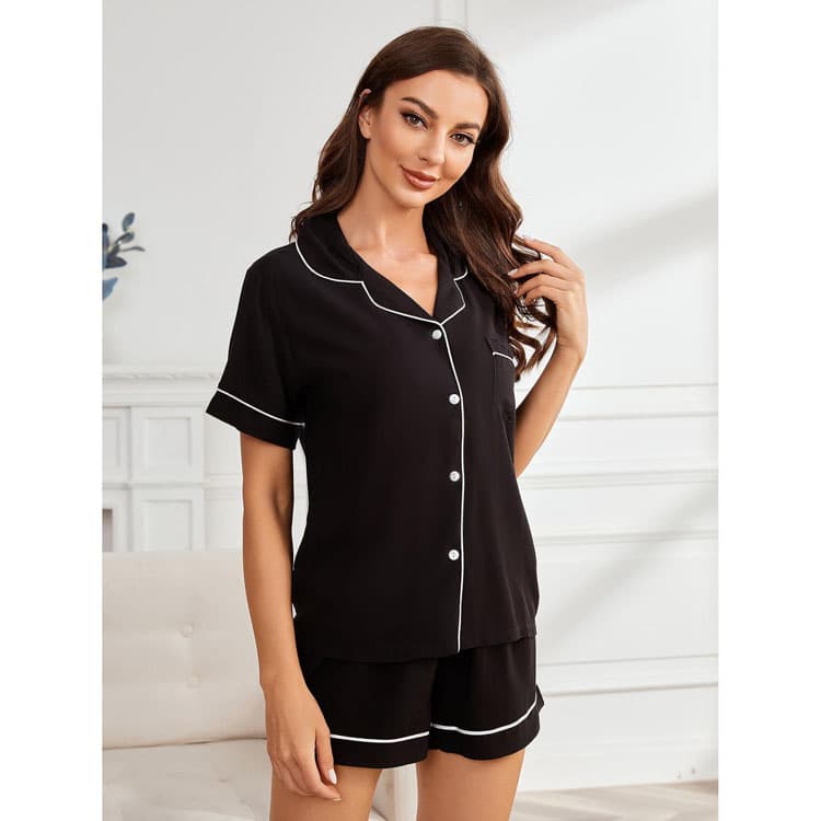 Casual Home Wear Set Custom logo Fashion Lapel Top Wholesale Drawstring Shorts Factory Directly