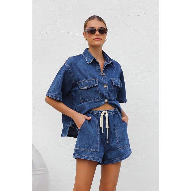 High Quality Denim Suit Factory Direct Short Sleeve Pocket Top Custom logo Drawstring Baggy Shorts Wholesale