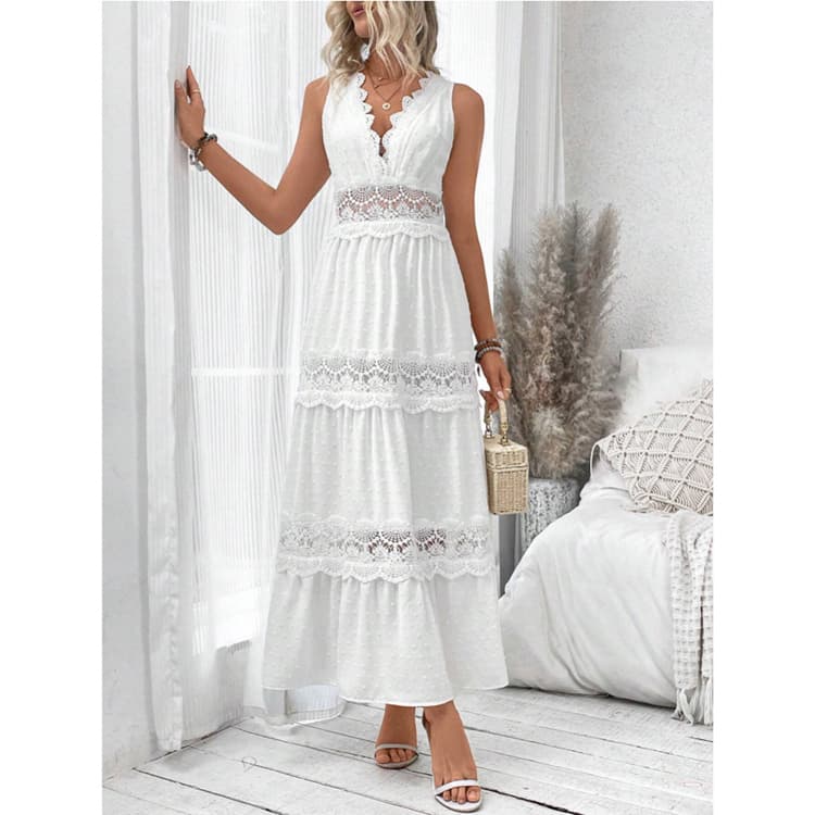 Sleeveless V Neck Dress Wholesale Hollow Printed Dress Factory Directly Simple Casual Dress Custom logo
