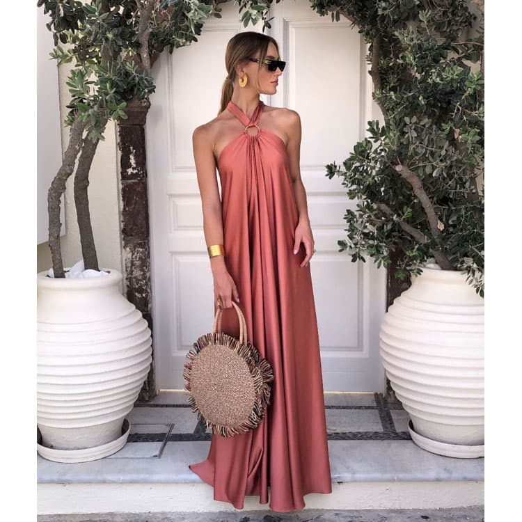 Halter Neck Evening Dress Factory Direct Sleeveless Ribbon Hoop Dress Wholesale Satin Floor Length Dress Custom logo