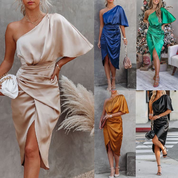 Satin off Shoulder Dress Custom logo Solid Casual Short Skirt Wholesale Dress Evening Dress Factory Directly
