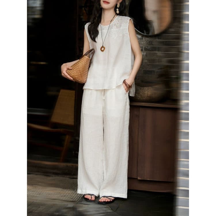 Wholesale Women Simple Set Sleeveless Floral Top Custom logo Solid Drawstring Pants Factory Direct