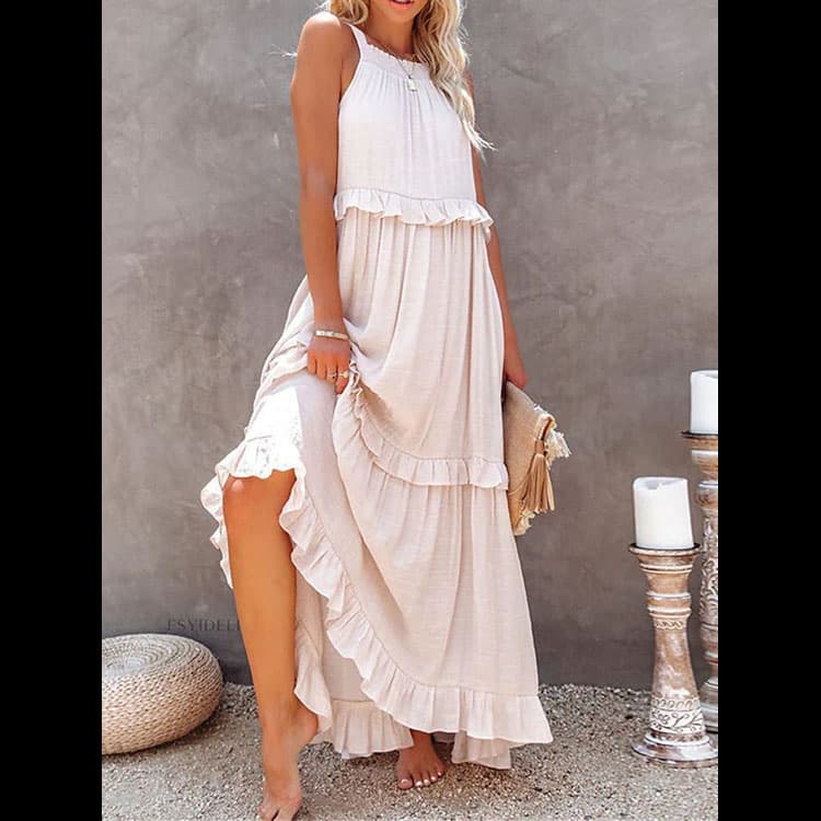 2025 Summer New Holiday Style Casual Dress Ruffled Long Dress with Lining Swing Elegant Beach Dress Female