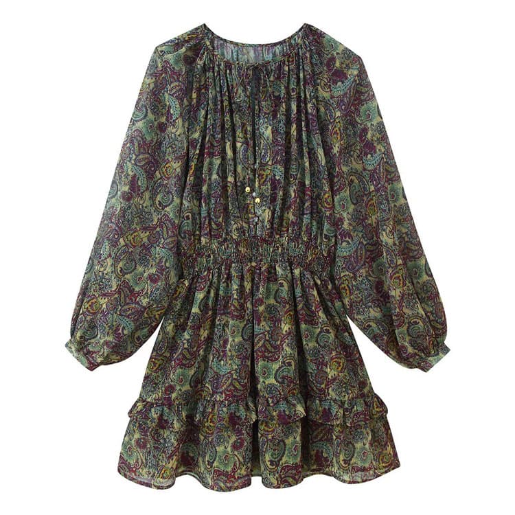 2026 Spring Women Casual Mini Dress Metallic Thread Flower Print Mini Dress Retro Elegant Casual Dress