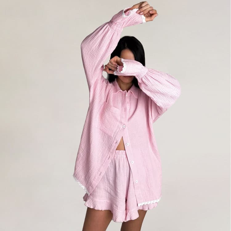 Cotton Crepe Pajamas Custom logo Fashion Ruffle Sleeve Top Wholesale Plain Shorts Factory Directly
