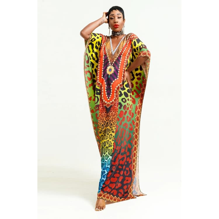 Unique Design Orange and Green Leopard Dot Print Hot Selling Dubai Kaftan Dress
