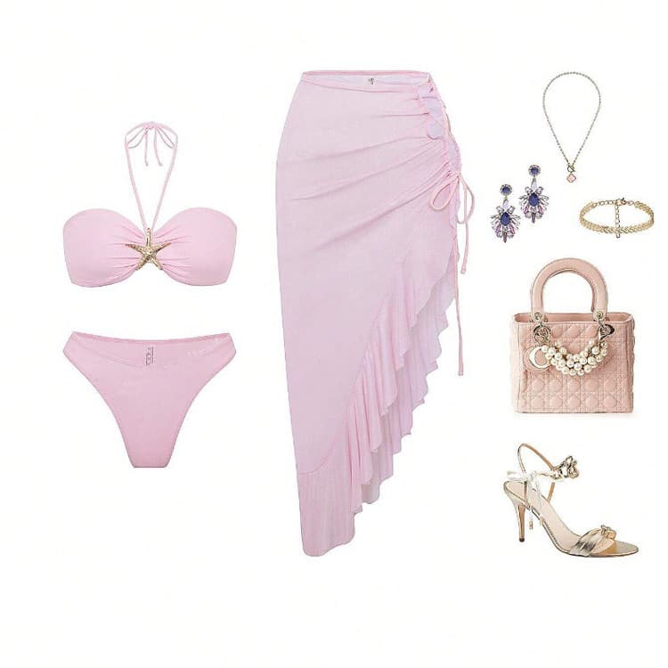 Custom ODM & OEM Pink Bikini Beach Resort Skirt Set Fashion Starfish Swimwear