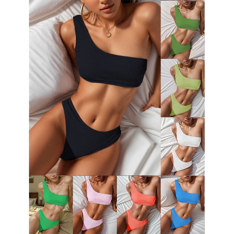 Wholesale Sexy One Shoulder Bikini Solid Color High Waist Bikini High Cut Fitness Swimsuit Beachwear