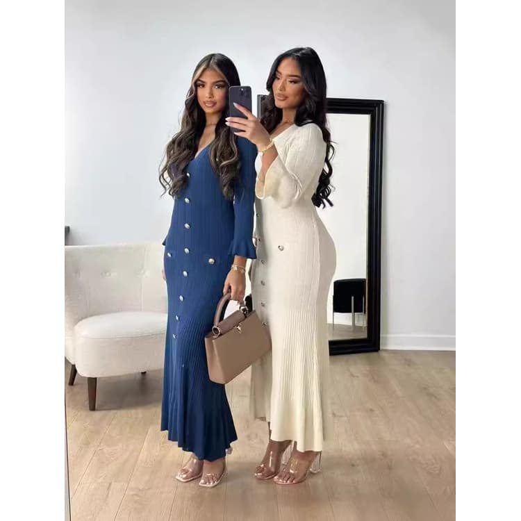 2024 Autumn and Winter Fashion Women Knit Dress Long Sleeve Loose Knitted Dress Button Elegant Ruffles Casual Dress