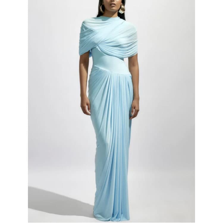 Solid Mesh Dress Custom logo Pleated Short Sleeve Maxi Dress Wholesale Soft Floor Length Dress Factory Directly