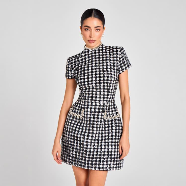 Wenshuo Elegant Plaid Dress Wholesale Short Sleeve Dress Custom logo Pocket Mini Dress Factory Direct