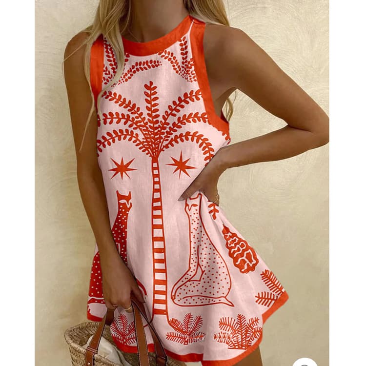 Animal Print Linen Mini Dress Breathable Sleeveless Woman Dress Summer Fashion