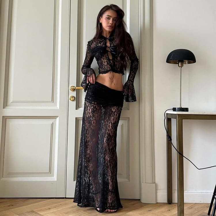 Waist Baring Long Sleeved Dress Factory Directly Sexy Lace Long Dress Wholesale Split See Through Dress Custom logo