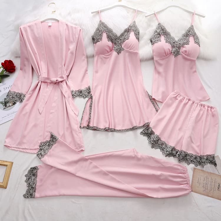 New Cute Silky Suspender Nightdress Pajamas Five Piece Set Women Home Clothes Wholesale