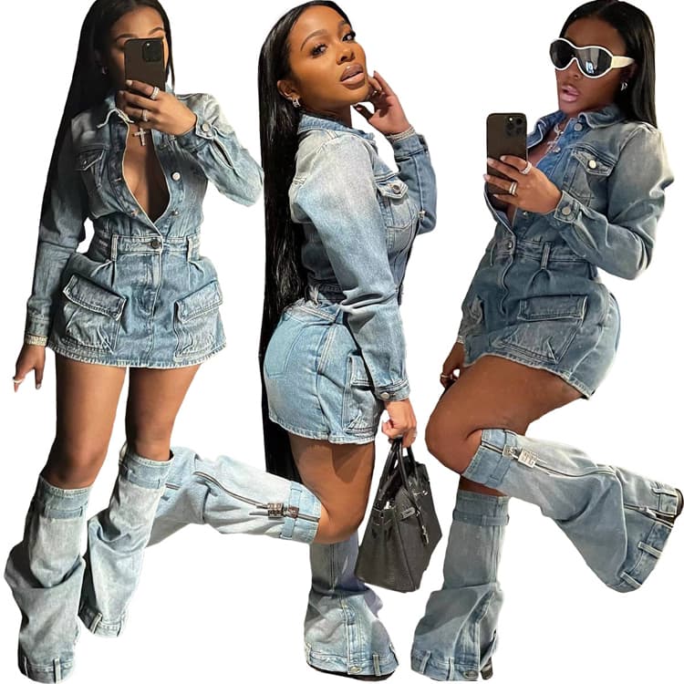 New Blue Denim Suit with Leg Covers Denim Dress Sexy Multi Pocket Washed Denim Dress