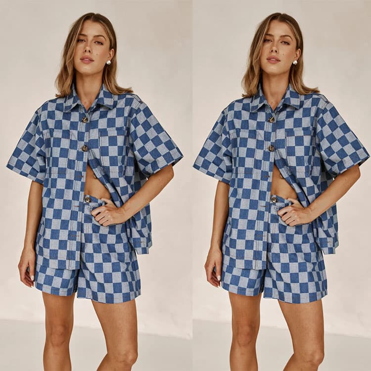 Plaid Women Suit Factory Direct Short Sleeve Lapel Top Custom logo Button Down Loose Shorts Wholesale