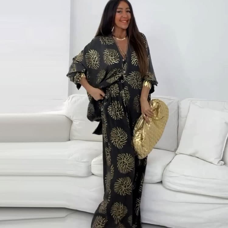 Retro Print Suit Factory Direct Long Sleeve V Neck Top Wholesale Casual Straight Pants Custom logo