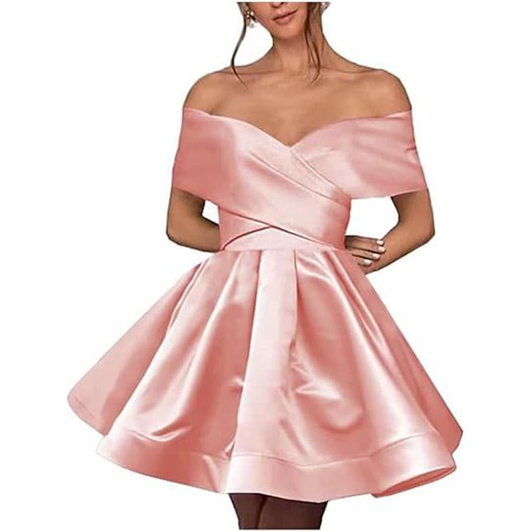 One Shoulder Evening Dress Custom logo Satin Ruffled Evening Dress Factory Directly Solid Color Ribbon Short Skirt Wholesale