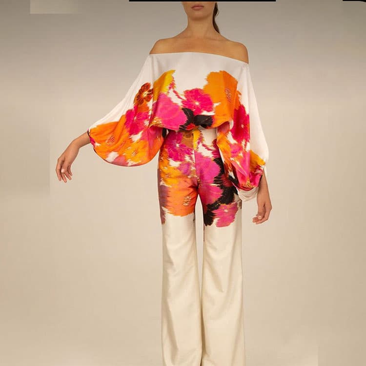 Off Shoulder Women Suit Custom logo Dungeon Sleeve Fashion Top Wholesale Printed Loose Trousers Factory Directly